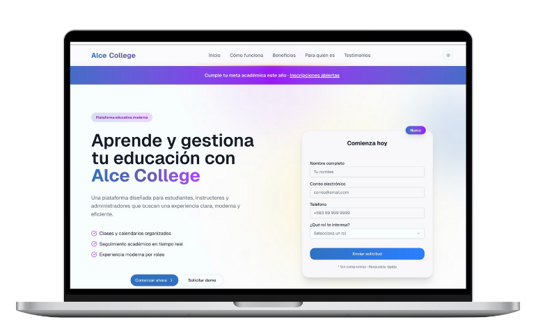 Dashboard de Alce College mostrando la plataforma en laptop